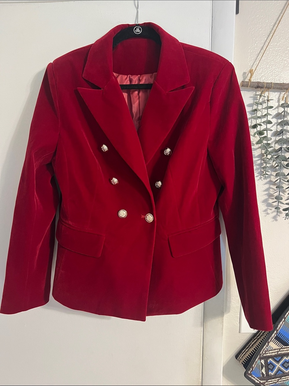 Red faux-Velvet Double-Breasted Blazer with Gold Buttons size L 12-14
